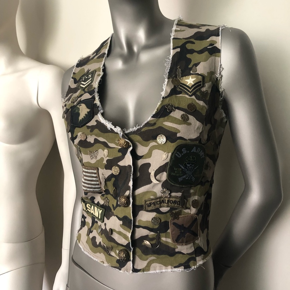 Army Brat Camouflage Cropped Vest Top with Patches
